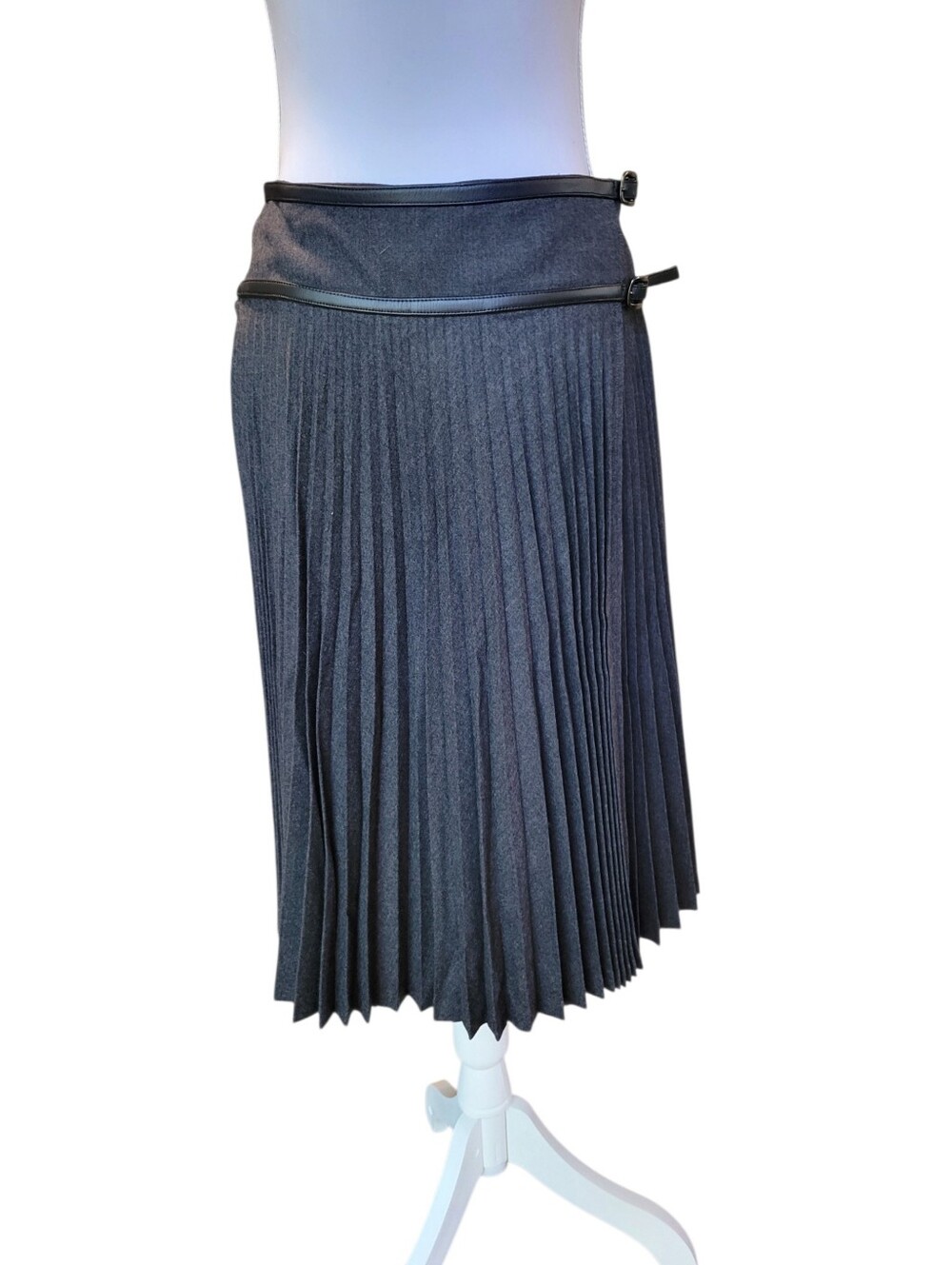 Michael Kors Gray Black Pleated Double Buckle Wrap Skirt